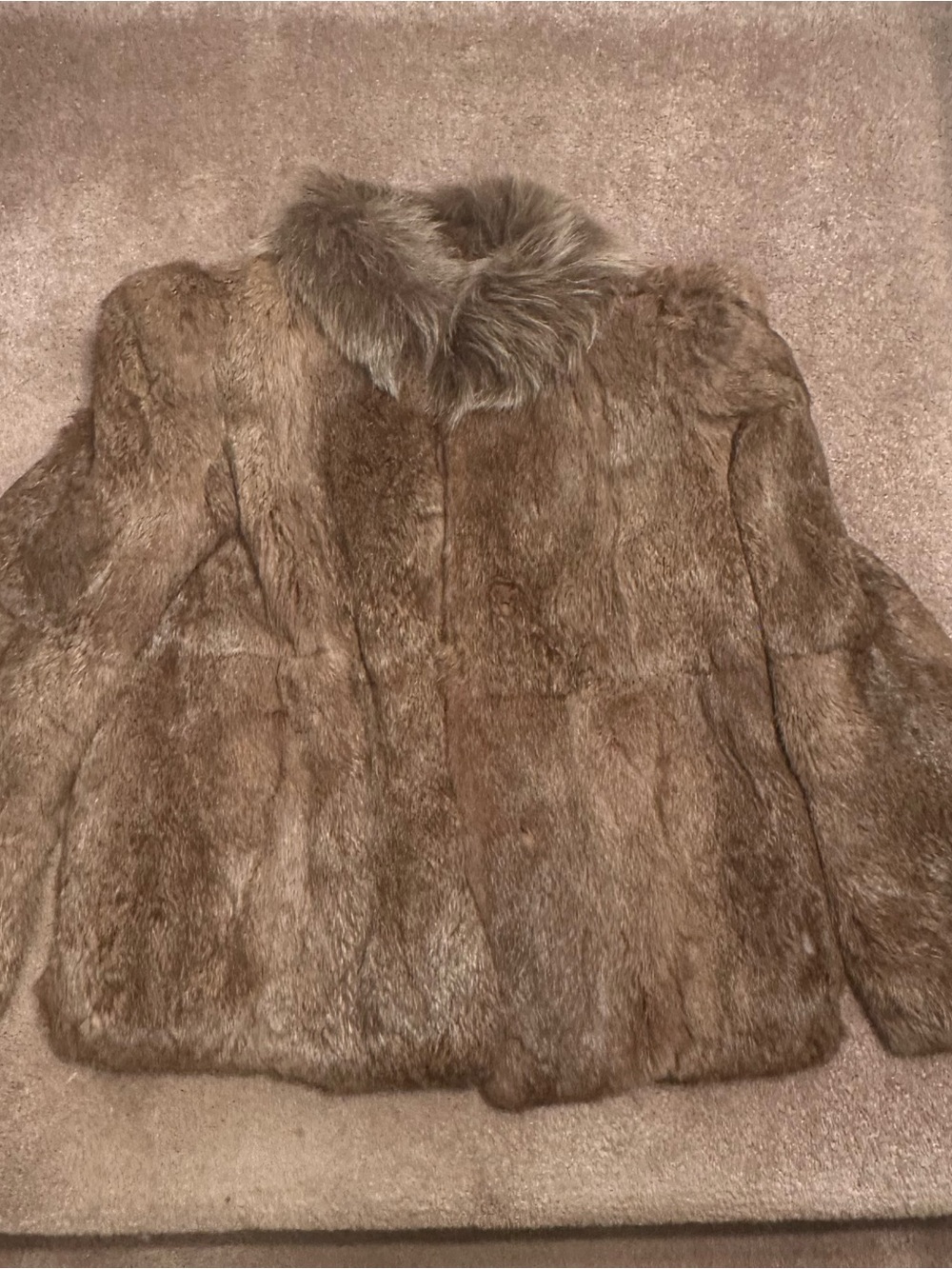Genuine Vintage Brown Rabbit Fur Coat with Fluffy Collar and Satin Lining